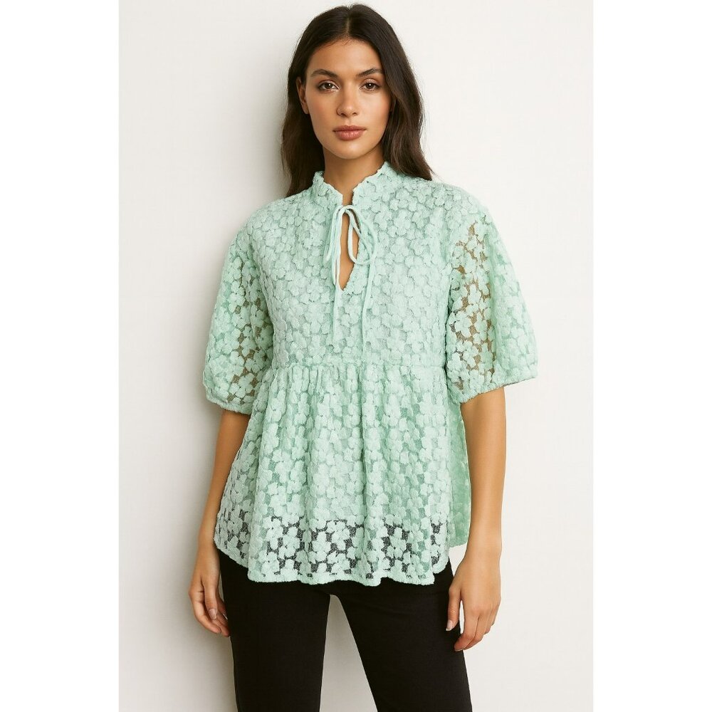 Marc New York Andrew Marc Mint Green Floral Lace Blouse XS Ruffle Collar Sheer P